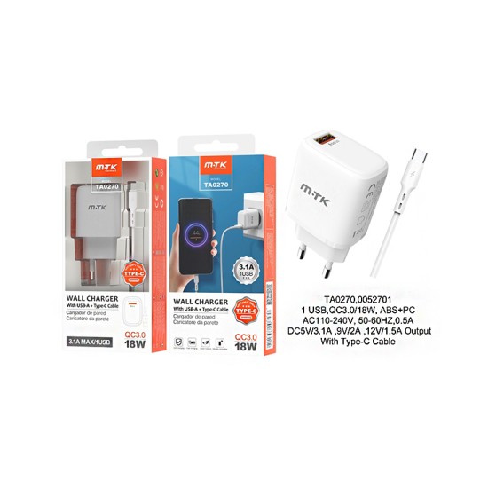 CARREGADOR ADAPTADOR RÁPIDO MTK TA0270 BL COM TIPO C 1 PORTAS USB BRANCO CARREGADOR ADAPTADOR RÁPIDO MTK TA0270 BL COM TIPO C 1 PORTAS USB BRANCO